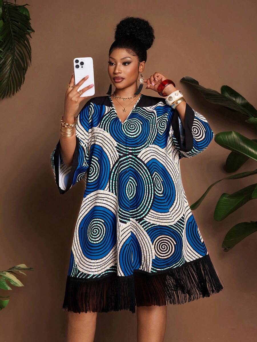 Maweii Plus Size Geometric Retro Print Contrast Color Tassel Loose Casual V-Neck Batwing Sleeve Dress - Blue and White - View 1