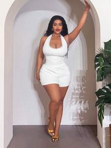 Veslaya Plus Size Women's Metal Rivet Decor Stretchy Soft Fabric Halter Top And Fitted Shorts Set, Spring/Summer Vacation White Sexy - White - View 5