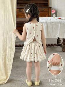 Emery Rose Kids Emery Rose Kids 女童两件套：碎花蕾丝边无袖上衣和裙子 - 杏色 - 查看 2