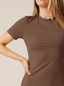 SHEIN BASICS 開衩下擺包臀洋裝 - 摩卡棕 - 查看 4