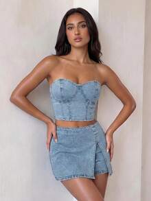 SHEIN Glamour Áo croptop denim không dây vai dành cho nữ - Màu xanh lam - Xem 4