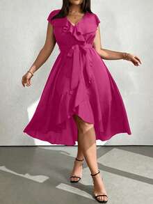 SHEIN Clasi Plus Size Solid Color V-Neck Ruffle Trim Party Dress Maxi Women Outfit - Hot Pink - View 1