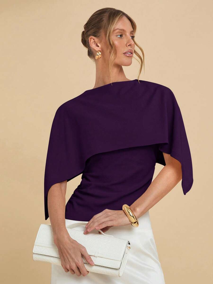 COSMINA Women's Summer Fashionable Solid Color Batwing Sleeve Fitted Blouse - Purple - View 1