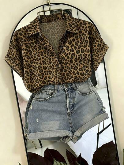 Franclia Elegant Leopard Print Asymmetrical Hem Casual Vacation & Commute Women Shirt