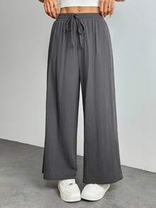 SHEIN PETITE Pantaloni casual in lino color cachi corti, pantaloni da lavoro autunnali per donna - Grigio Scuro - Visualizzare 8