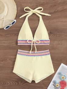 SHEIN Swim 两件套春假新款露背系带比基尼套装，音乐节假日休闲沙滩泳装，女士 - 杏色 - 查看 4