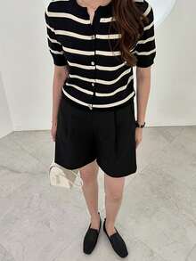 DAZY Striped Button Front Cardigan,Short Sleeve Tops,Fall Clothes - Black - View 3