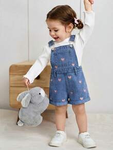 Baby Girl Pink Heart Embroidered Blue Denim Suspender Shorts - Medium Wash - View 5