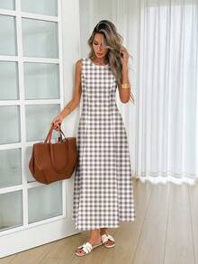 SHEIN LUNE Women's Casual Basic Sleeveless Round Neck Dress, Suitable For Summer Daily Wear, Waist-Cinched Elegant Long Outings Vacation White Vacation - Multicolor - View 6