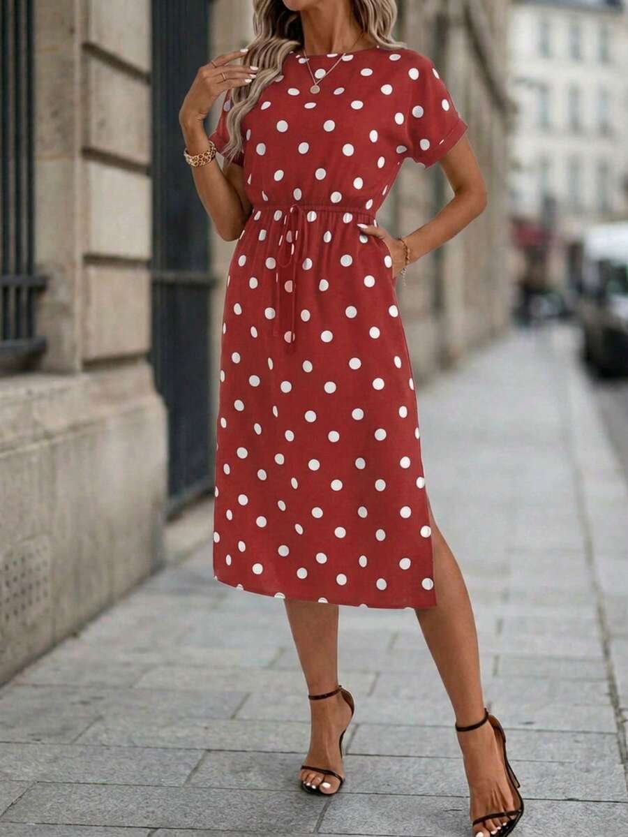 SHEIN Clasi Đầm nữ tay cánh dơi chấm bi mùa thu mới, đen trắng, đa năng cho đi làm hàng ngày và nhiều dịp khác nhau. - Đỏ và trắng - Xem 1