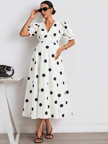 MaterniWear Black And White Polka Dot V-Neck Flared Woven Short-Sleeved Maternity Dress, Suitable For Everyday Wear And Dates. Summer Retro Maternity Dress, Perfe - Black and White - View 2