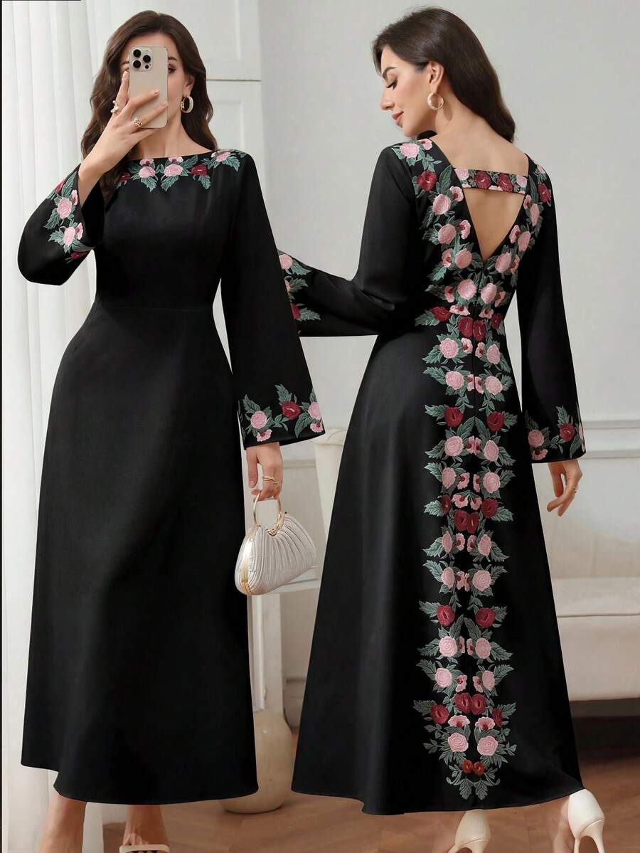 Al Najma Women's Elegant Embroidered Long Sleeve Arabic Style Dress - Black - View 1