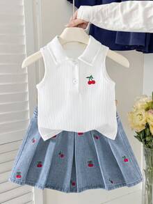 Genkimix Kids 两件套女童樱桃刺绣无袖polo衫和牛仔裙，夏季新款可爱休闲风，柔软罗纹polo衫搭配浅蓝色水洗樱桃刺绣A字牛仔裙，高腰弹力设计，适合儿童节、夏季、海滩周末、日常穿着、派对等场合。 - 白色 - 查看 6