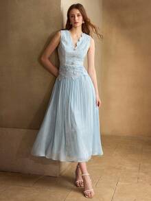 MOTF PREMIUM ELEGANT COMMUTER LIGHTWEIGHT DRESS, V-NECK SLEEVELESS WAIST CINCHED FLARED DRESS WITH LACE & CHIFFON PANELS, LIGHT BLUE, SPRING/SUMMER - Baby Blue - View 1