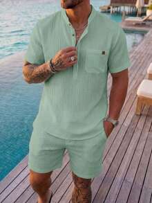 Genlund Men's Solid Color Casual Versatile Daily Wear Short Sleeve Shirt, Holiday - Mint Green - View 4