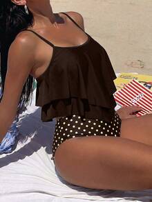 Swim Lushoire Women's Beach Vacation Ruffle Strap Tankini Set, Random Print - Brown - View 4