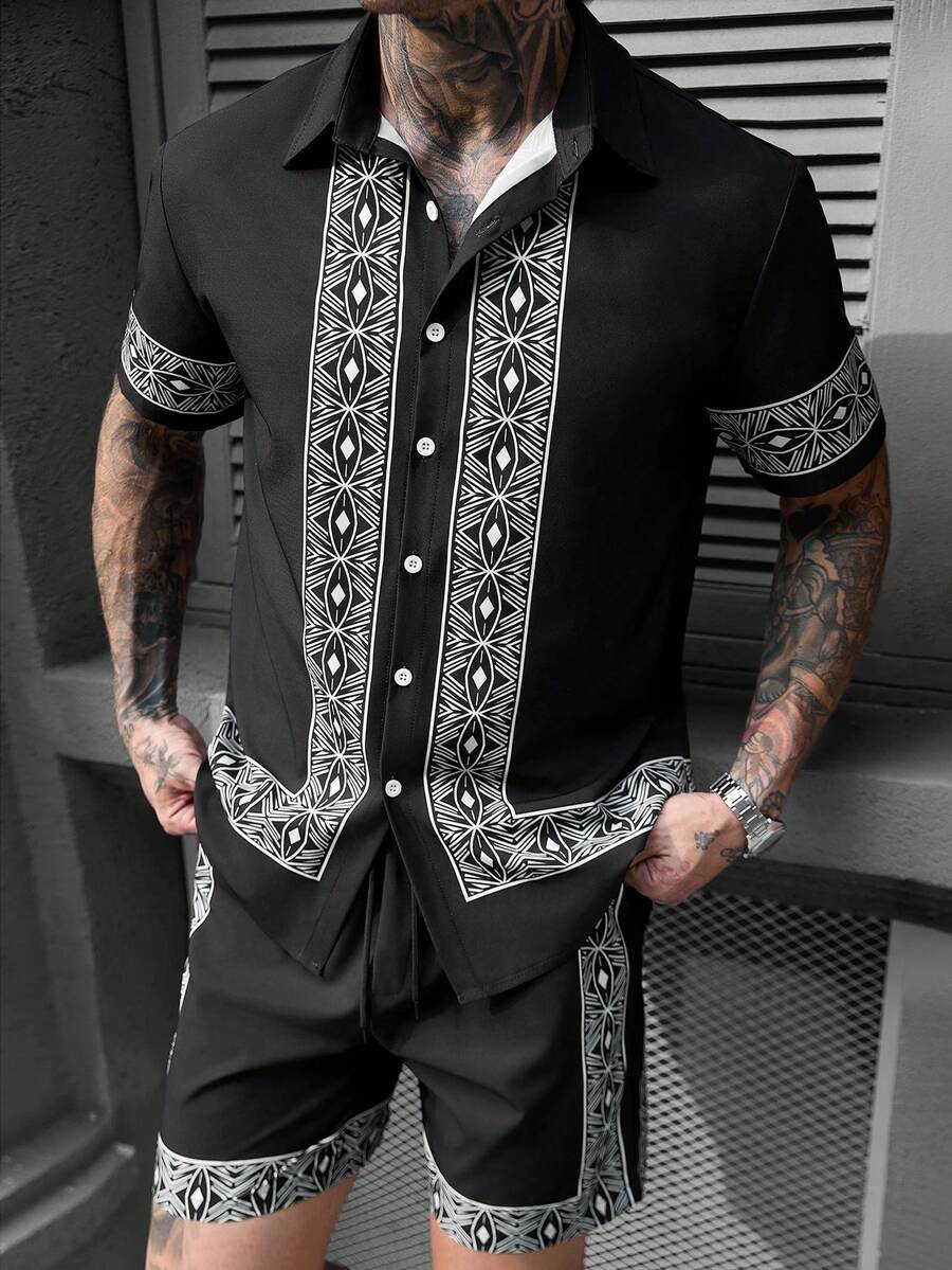 Manfinity Homme 男士休閒成熟圖案印花鈕扣前開短袖襯衫與彈性腰短褲套裝,度假風 - 黑與白 - 查看 1