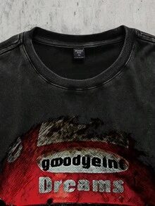 ROMWE MEN Street Life Men's Street Style Round Neck Vintage Printed Casual Summer T-Shirt - Black - View 3