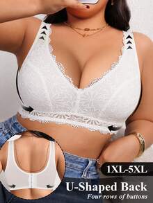DesireSculpt Plus Size Lace Patchwork Wireless Bra Wedding All White Summer - White - View 4