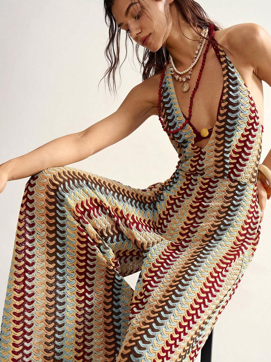 Bohemela Bộ jumpsuit nữ kẻ sọc cổ chữ V sâu gợi cảm kiểu yếm - Nhiều màu - Xem 1