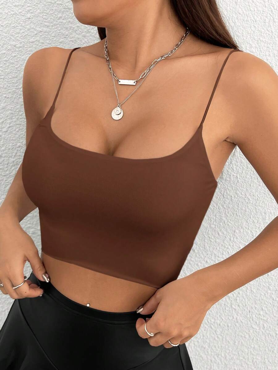 SHEIN PETITE Women's Solid Color Minimalist Casual Tank Top,Summer Top - Brown - View 1