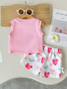 SHEIN Playful Pals 女婴夏季蓝色纹理无袖上衣和蓝色格子短裤套装，饰有蓝色蝴蝶结，日常必备单品 - 粉色 - 查看 2