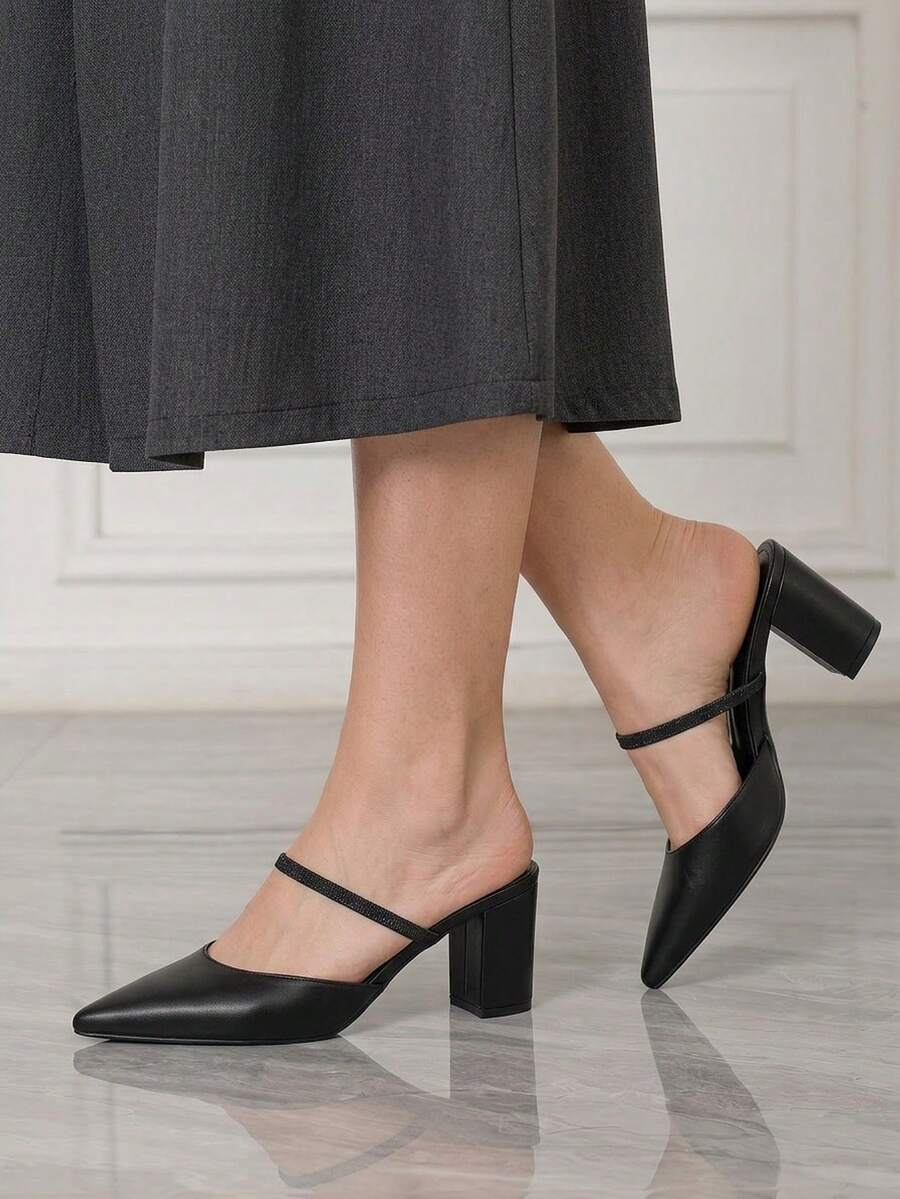 Sleekvia Women's New Chunky Heel Pointed Toe High Heels, PU Material, Simple Commuter Style - Black - View 1