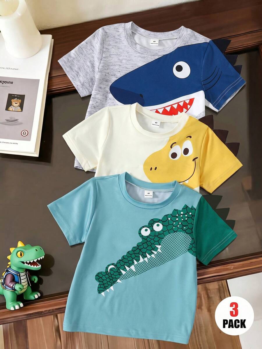 3pcs/Set Young Boys Loose Casual Cute Cartoon Animal Print Contrast Sleeve T-Shirt Set, Suitable For Daily, Commute, Leisure, Vacation, Sports - Multicolor - View 1