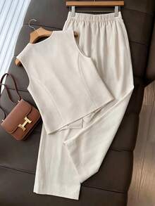 SHEIN Conjunto de dos piezas de pantalones de pierna ancha de cintura alta con bolsillo falso, cuello en V sin mangas y frente abierto, cómodo y casual para mujer, adecuado para vacaciones, negocios y uso diario - Beis - Ver 2