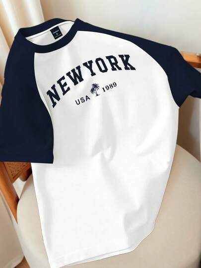 Manfinity Hypemode Áo thun nam tay ngắn cỡ lớn in hình NEW YORK kiểu Mỹ cổ điển, áo thun nam phối màu tương phản, áo thun casual màu xanh navy và trắng, áo thun tay ngắn raglan thoáng khí mùa hè, trang phục đi làm hàng ngày.