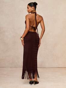 Lumalex Pastal Halter Cutout Maxi Dress Summer Holiday Party Vacation Golf Club Deep Plunge Neck Fringe Trim Slit Backless Bodycon Sexy Dark Brown - Coffee Brown - View 3