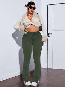 SHEIN ICON Plus Size Women's Fashion Versatile Pocket Slit Hem Denim Jeans - Army Green - View 4