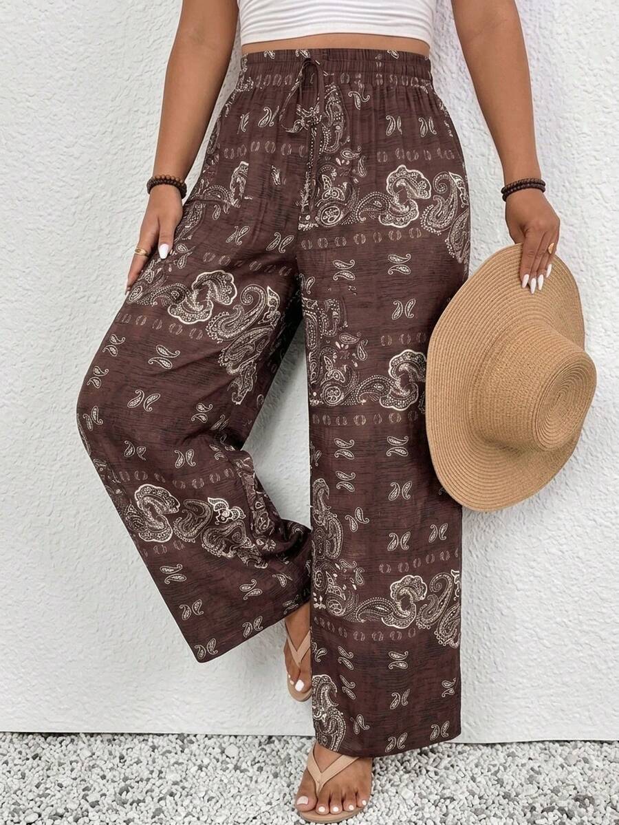 SHEIN Frenchy Quần ống rộng cạp chun họa tiết Paisley dành cho nữ cỡ lớn - Nhiều màu - Xem 1