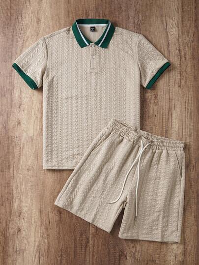 Manfinity Joysei Men's Textured Solid Polo Shirt & Drawstring Shorts Set Spring To Summer