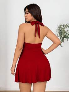 Sunnyshic Plus Size Elastic Knit Tie Bow Decor Dress Fall - Red - View 2