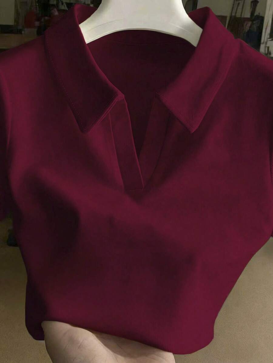SuriyaCove Áo thun nữ tay ngắn cổ polo màu trơn, ôm dáng. - Nhiều màu - Xem 1