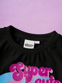 THE POWERPUFF GIRLS X SHEIN 少女圆领卡通字母印花休闲百搭日常穿T恤 - 黑色 - 查看 6