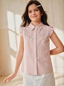 Anewsta Tween Girl Sweet Style Faux Pearl Beaded Ruffle Trim Blouse - Baby Pink - View 4