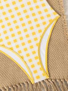 Swim Mod Women's One-Piece Plaid Swimsuit With Spaghetti Straps, Suitable For Beach Vacation, Spring/Summer - Yellow - View 5