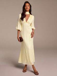 COSMINA Women's Deep V-Neck Ruched Casual Party Dress - Light Yellow - View 3