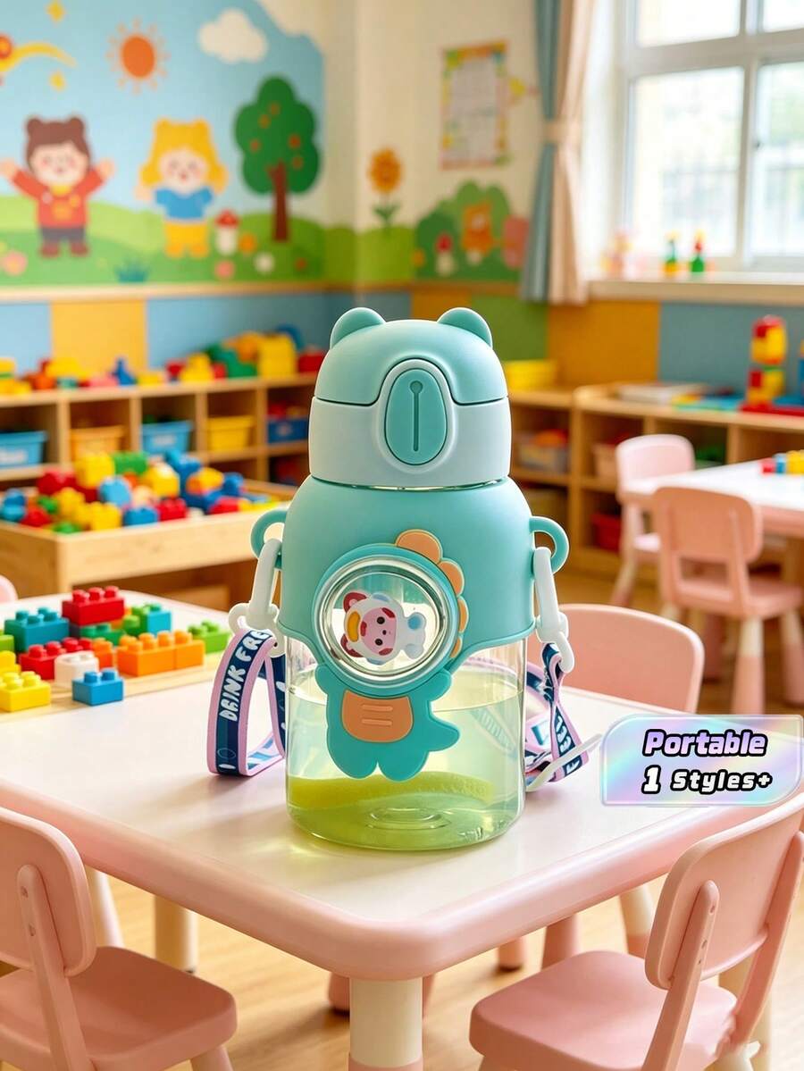 1pc 600ml Cute Cartoon Circular Leak-Proof Water Bottle With Rope, Straw Cup - Plastic, Anti-Spill Design, Perfect For Travel, Outdoor Activities & Fitnes - Green - View 1