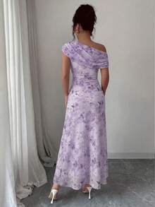 Modelyn 花卉蝴蝶印花网纱不对称荷叶边浪漫夏季优雅中长连衣裙 - 淡紫色 - 查看 2