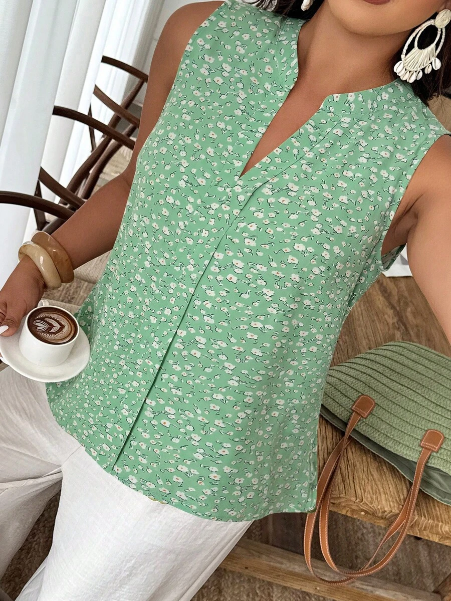 Weeklong Plus Size Women's Casual Round Neck Sleeveless Random Print Shirt, Suitable For Vacation And Daily Wear, Spring/Summer - Multicolor - View 1