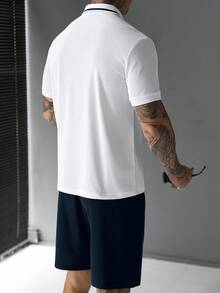 Manfinity Homme 男士撞色短袖Polo衫和短裤休闲套装 - 白色 - 查看 2