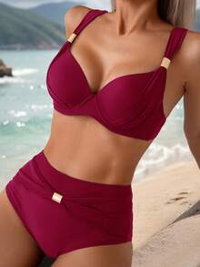 Swim Lushoire Set Bikini Kasual Liburan Wanita - Burgundy - View 3