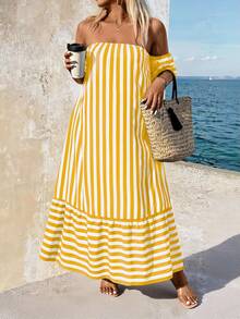 Breezaya Plus Size Striped Print Fitted Ruffle Hem Short Sleeve Dress - Yellow - View 3