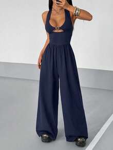 StreetHx Women's Sexy Street Style Navy Blue Deep V Eyelet Decor Halter Jumpsuit For Summer Club Going Out - Navy Blue - View 6