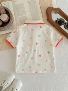 SHEIN LMoss Kids 男宝宝夏季休闲可爱恐龙图案撞色针织短袖polo衫，适合生日派对、晚宴、演出、婚礼、满月庆典、洗礼、周岁生日派对、迎婴派对等场合。 - 彩色 - 查看 2