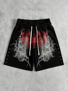 ROMWE MEN Prep Quần short nam in họa tiết Gothic, cạp quần hai lớp, kiểu dáng rách rưới. - màu đen - Xem 1