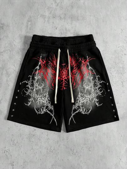 ROMWE MEN Prep Quần short nam in họa tiết Gothic, cạp quần hai lớp, kiểu dáng rách rưới.